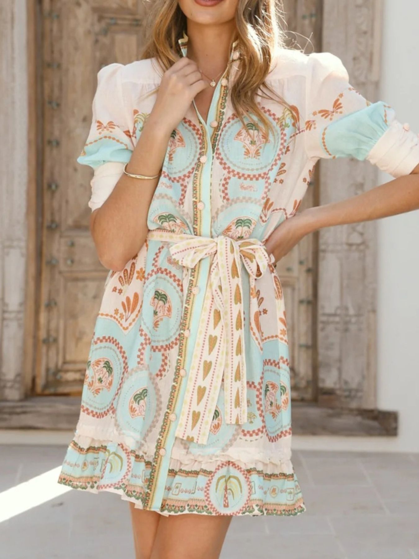 Boho Print Tie-Front Mini Dress