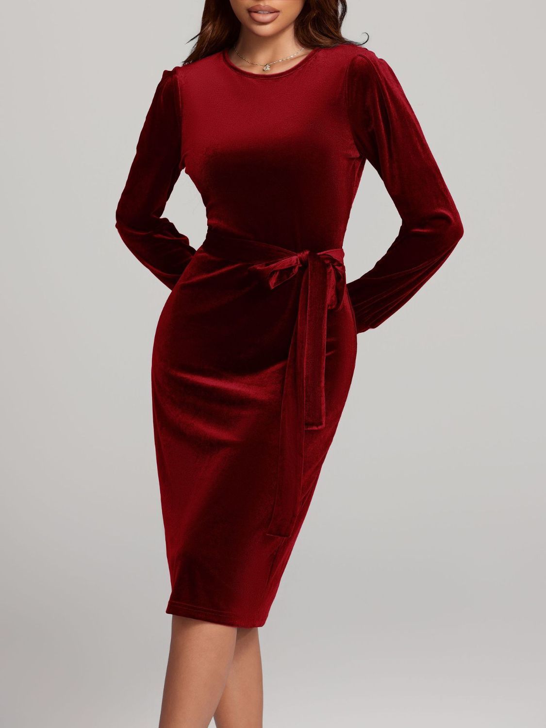 Round Neck Tie Waist Long Sleeve Velvet Dress | 4 Colors | Poundton
