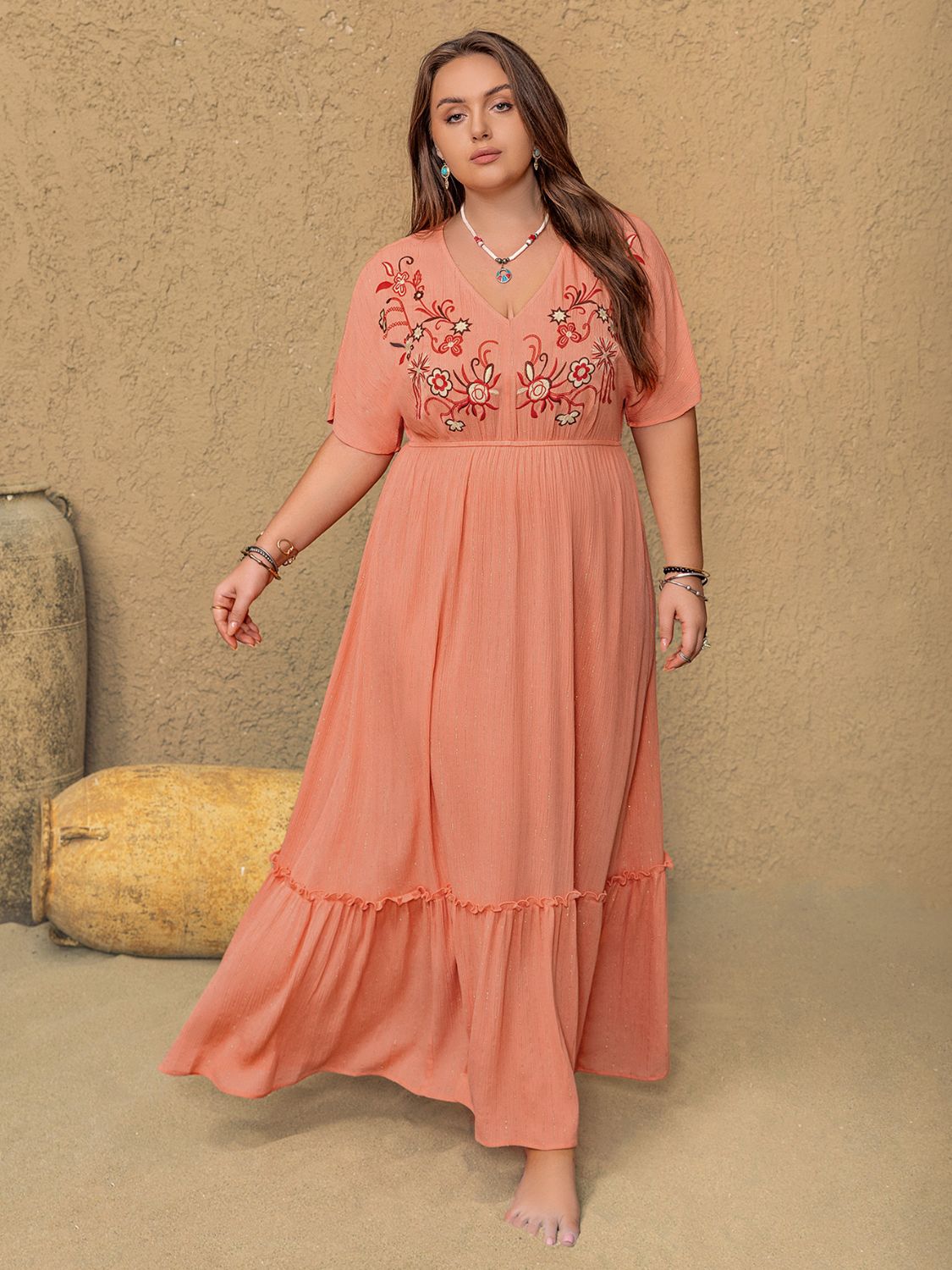 Frolic & Frill Embroidered V-Neck Half Sleeve Maxi Dress | Poundton Coral / 4XL Frolic & Frill Embroidered V-Neck Half Sleeve Maxi Dress | Poundton Coral / 4XL