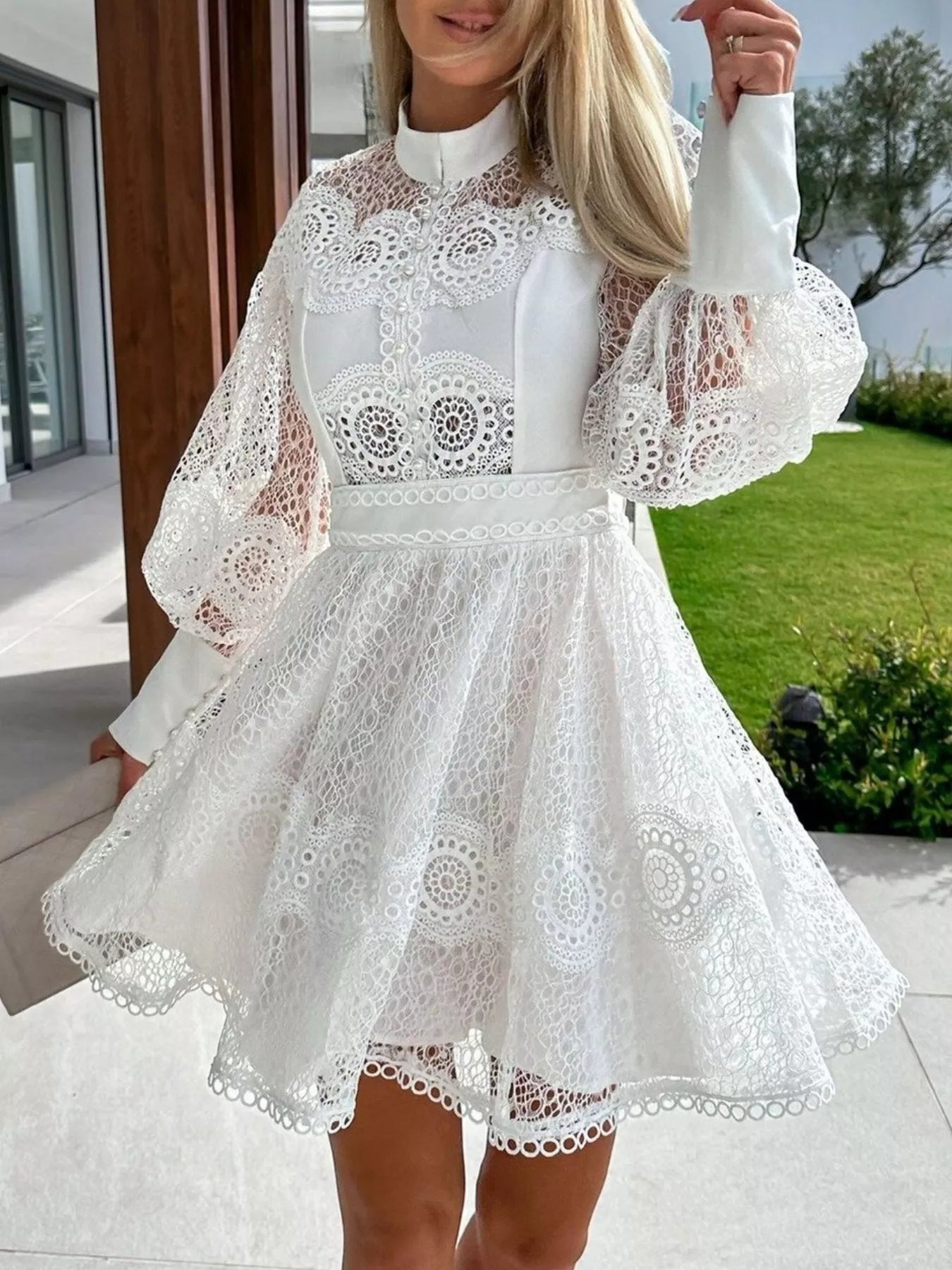 chinese dress ladies Retro Vintage Lace Cape Shawl Collar Pleated Midi Lace Dress