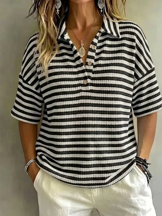 Marion Striped Knit Polo in Black by Pinup Girl Clothing