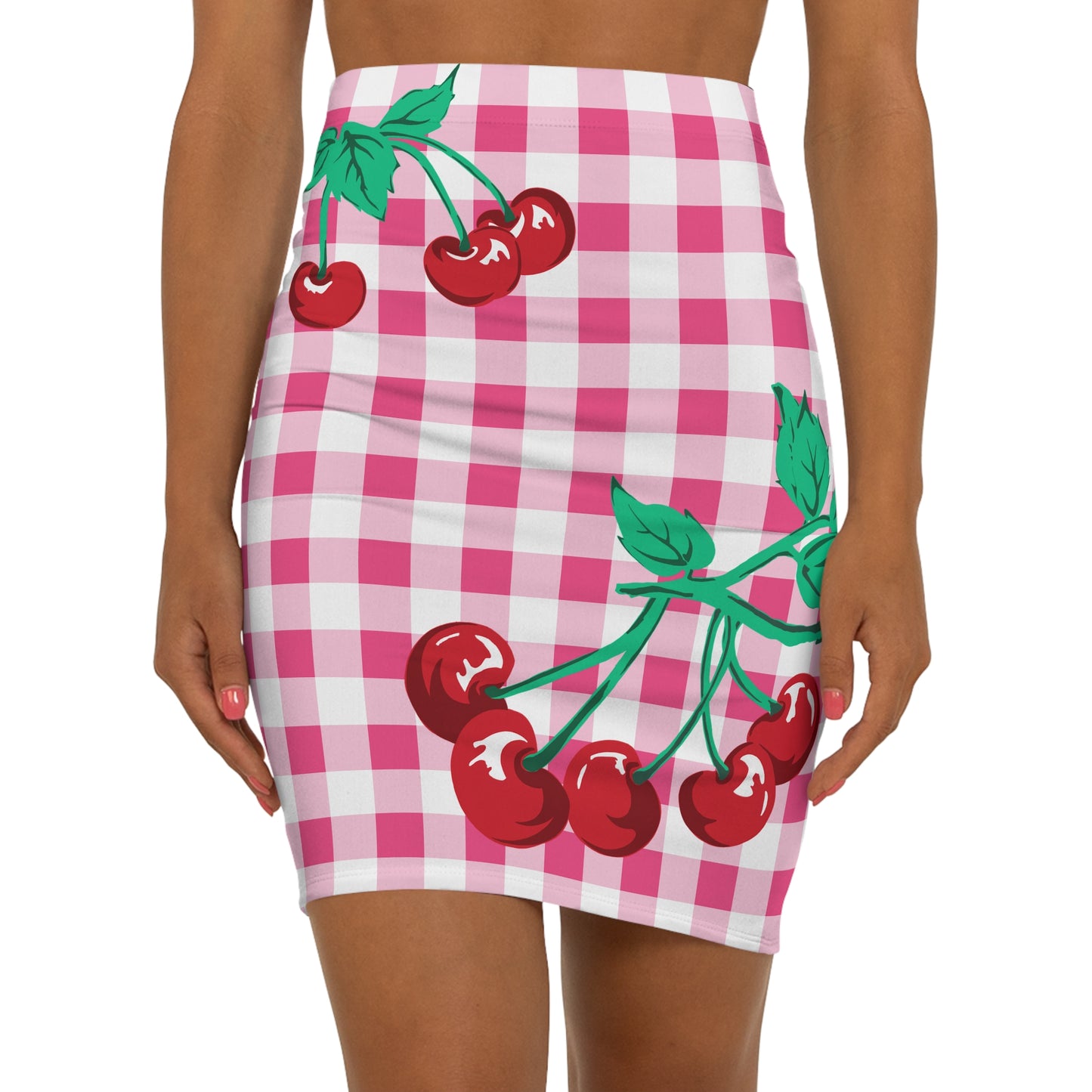 Women's 1990s Fitted Mini Skirt in Pink Gingham Vintage Cherries Print | Pinup Couture
