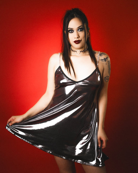 Liquid silver babydoll dress with stretch poly fabric