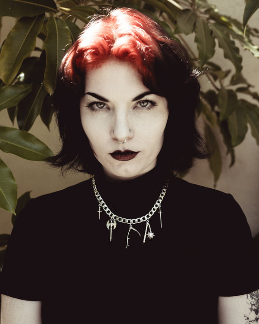 Model wearing the Van Helsing silver charm choker