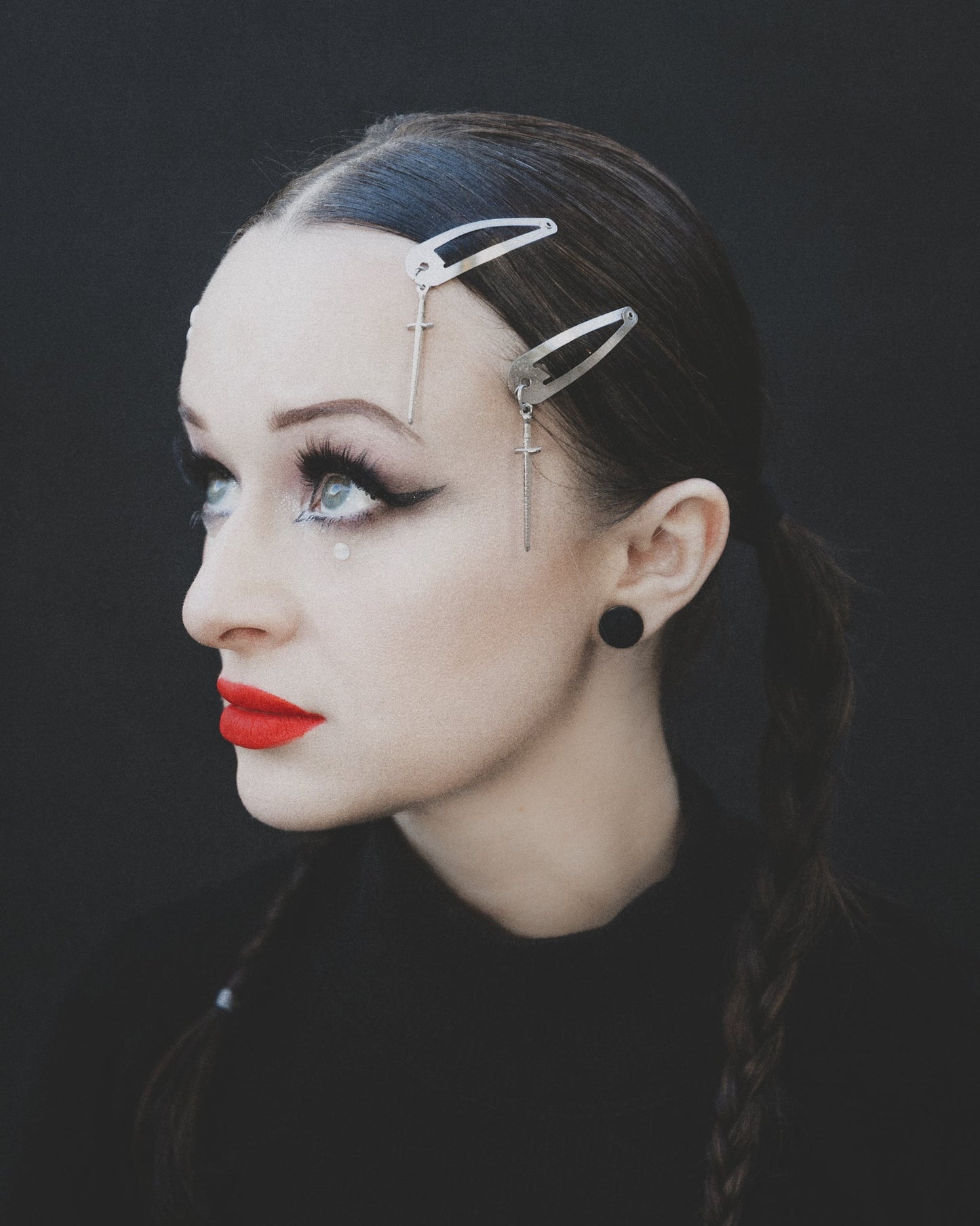 Sword silver hair clips styled in braided hair, The Pretty Cult