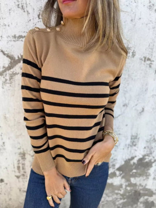 Marquee stripe button-detail turtleneck sweater in camel brown by Pinup Girl Clothing