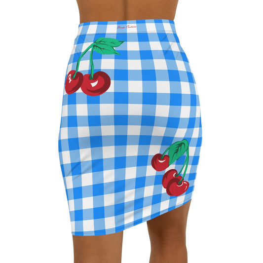 Paris 90's Vintage Stretch Mini Skirt in Blue Gingham Cherry Print