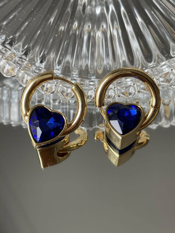 Amour Royal Heart-Shaped Blue Crystal & Faux Gold Small Hoop Earrings | Sifides Jewelry