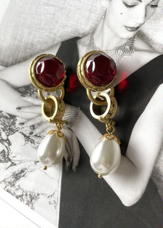 Courtier Vintage Style Faux Gold & Red Glass Pearl Drop Earrings | Sifides Jewelry