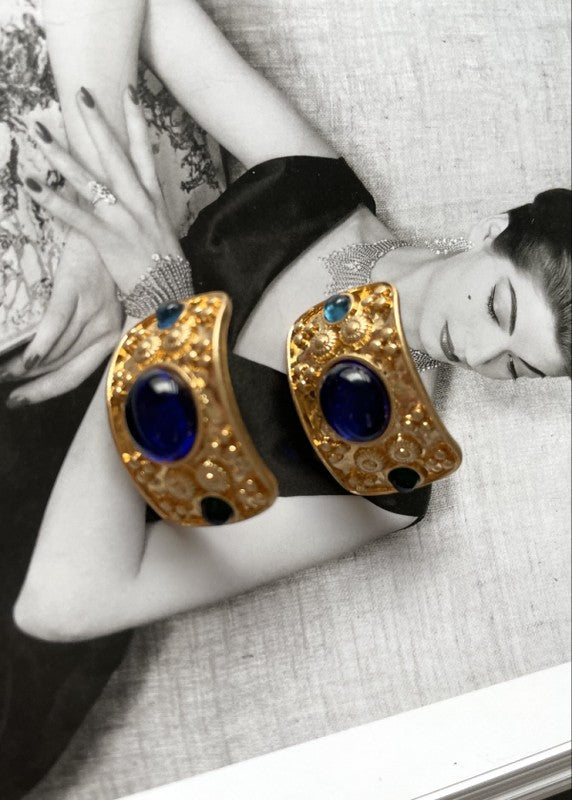 Medici Medieval Faux Gold & Royal Blue Glass Hoop Earrings | Sifides Jewelry