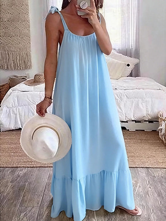 Tie-strap flowy maxi dress in sky blue by Pinup Girl Clothing.