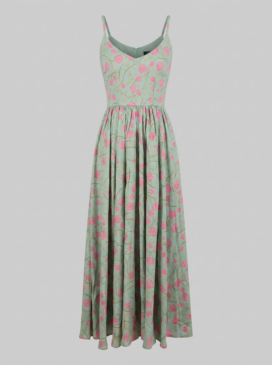 Amalie maxi dress in Rose Silhouette Mint, pink roses on a soft mint floral print with a fitted bodice and flowing skirt