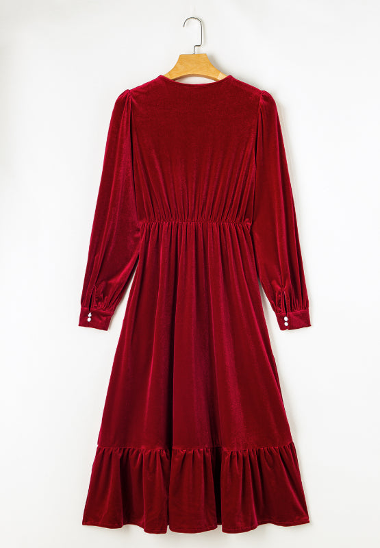 Ruffle Hem Slit V-Neck Long Sleeve Dress | 2 colors | Poundton