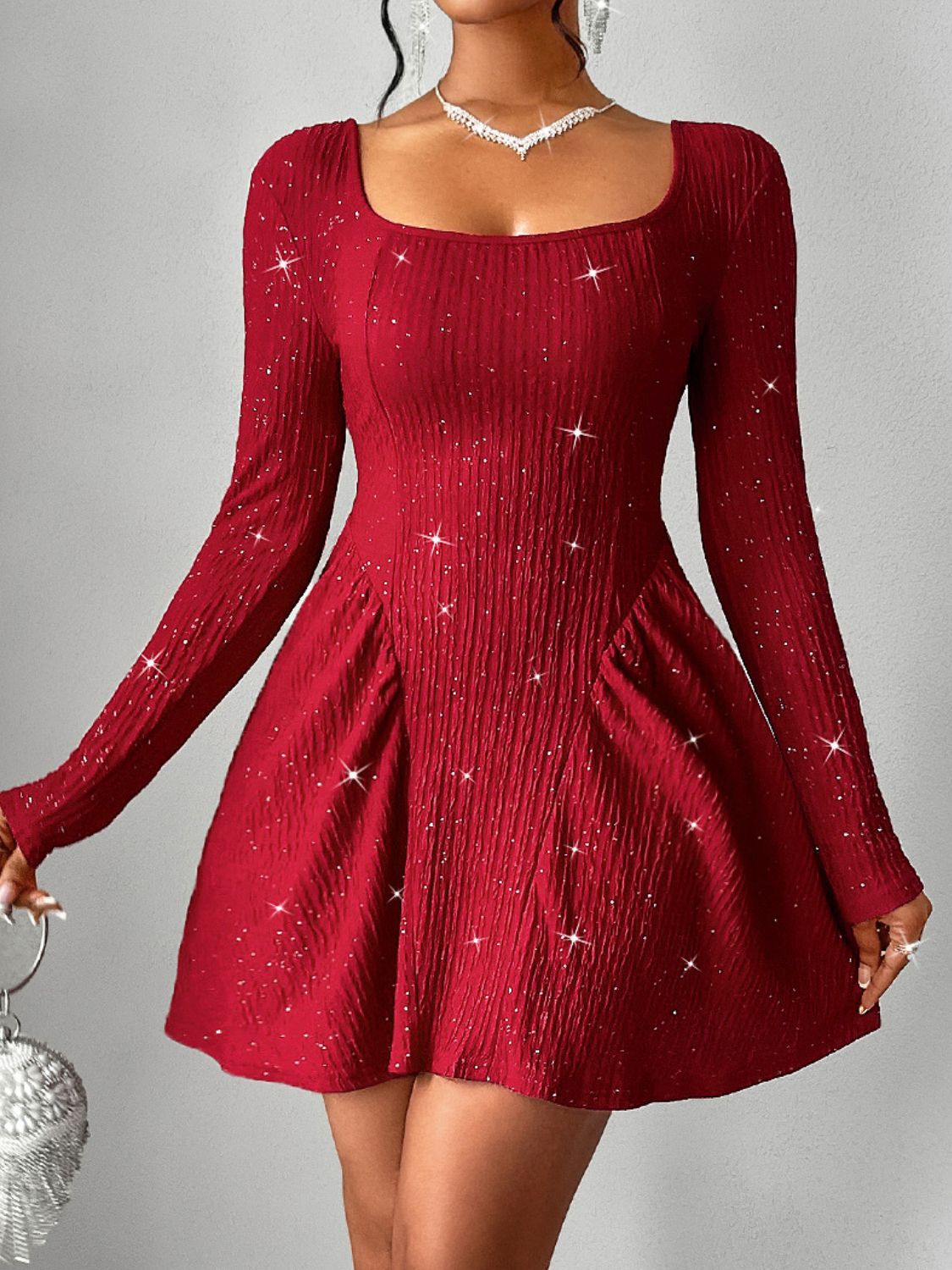 Lily Backless Glitter Square Neck Long Sleeve Mini Dress | Poundton