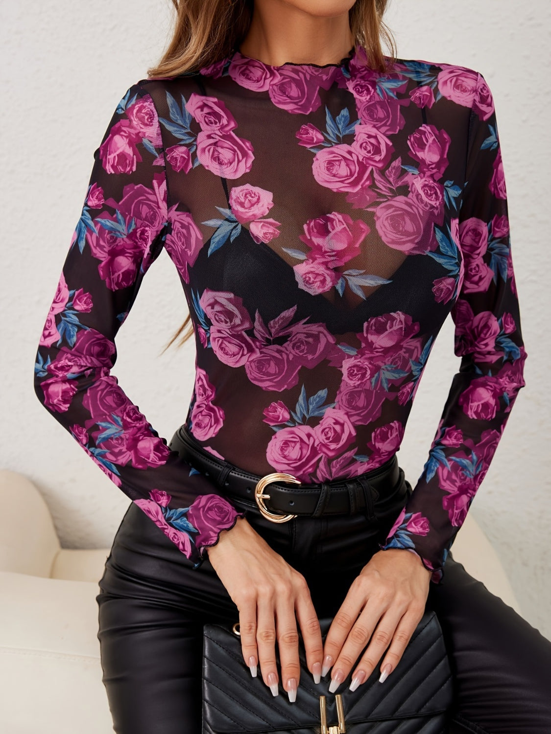 Dreaming Nights Floral Mock Neck Long Sleeve Top | Poundton