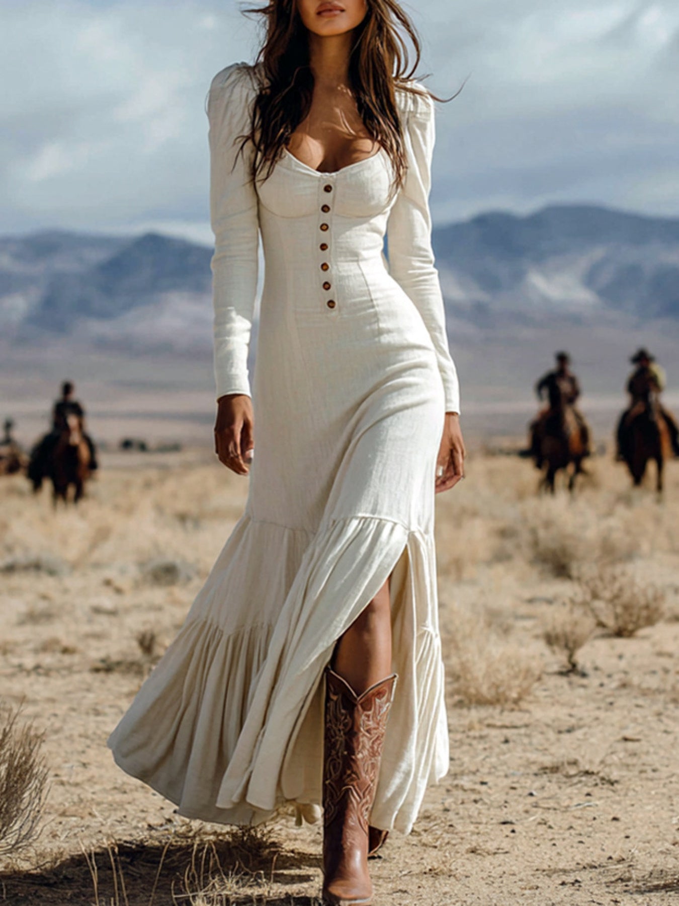 Tiered Slit Long-Sleeve Maxi Dress