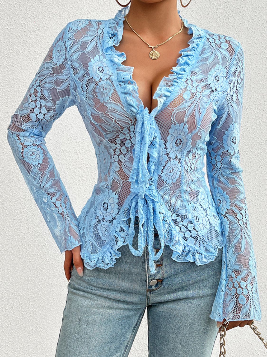 Gift Wrap V-Neck Long Sleeve Lace Cardigan Top | 5 Colors | Poundton