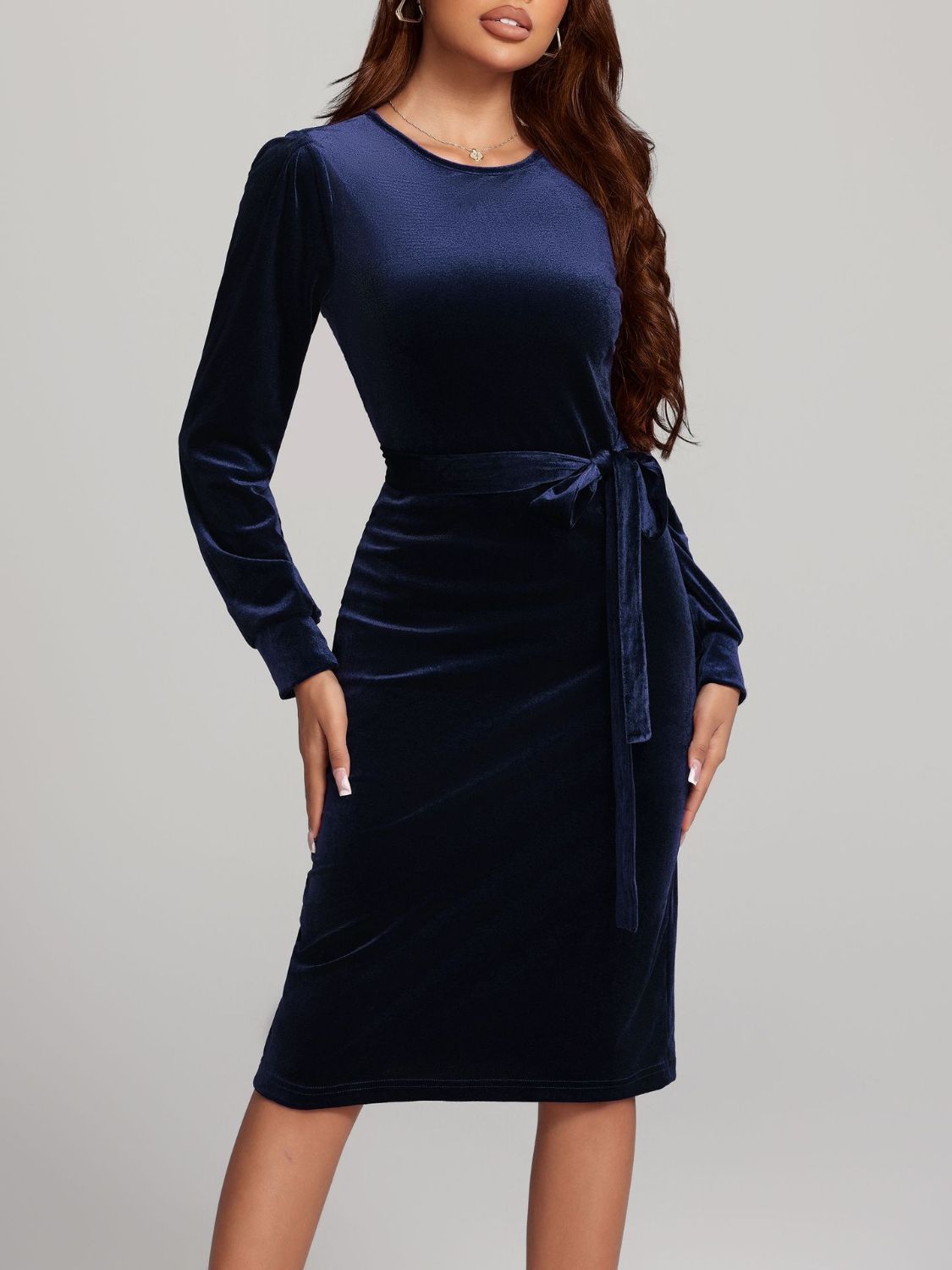 navy blue long sleeve velvet dress Berylove Women Dark Blue Velvet Wedding Guest Dress with Slit Long Sleeves Bodycon Formal Dress