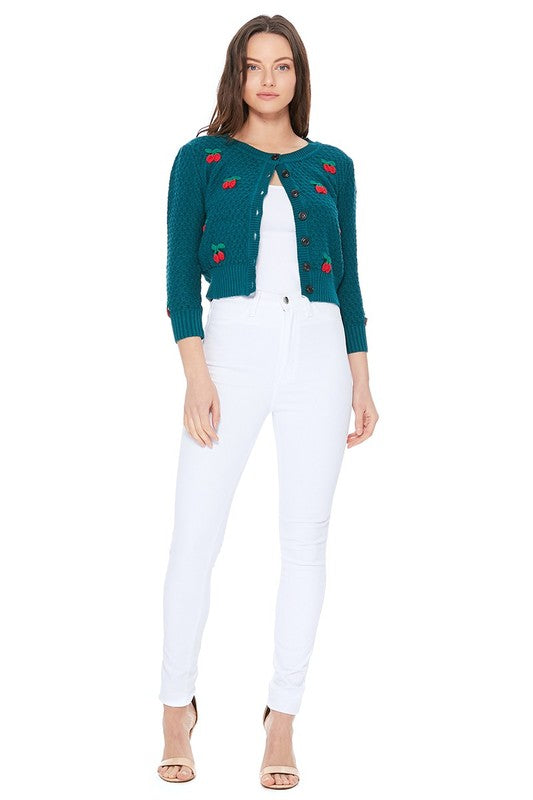 Vintage Cherry Applique Graphic Cropped Cardigan Sweater | 4 Colors | MAK Sweater