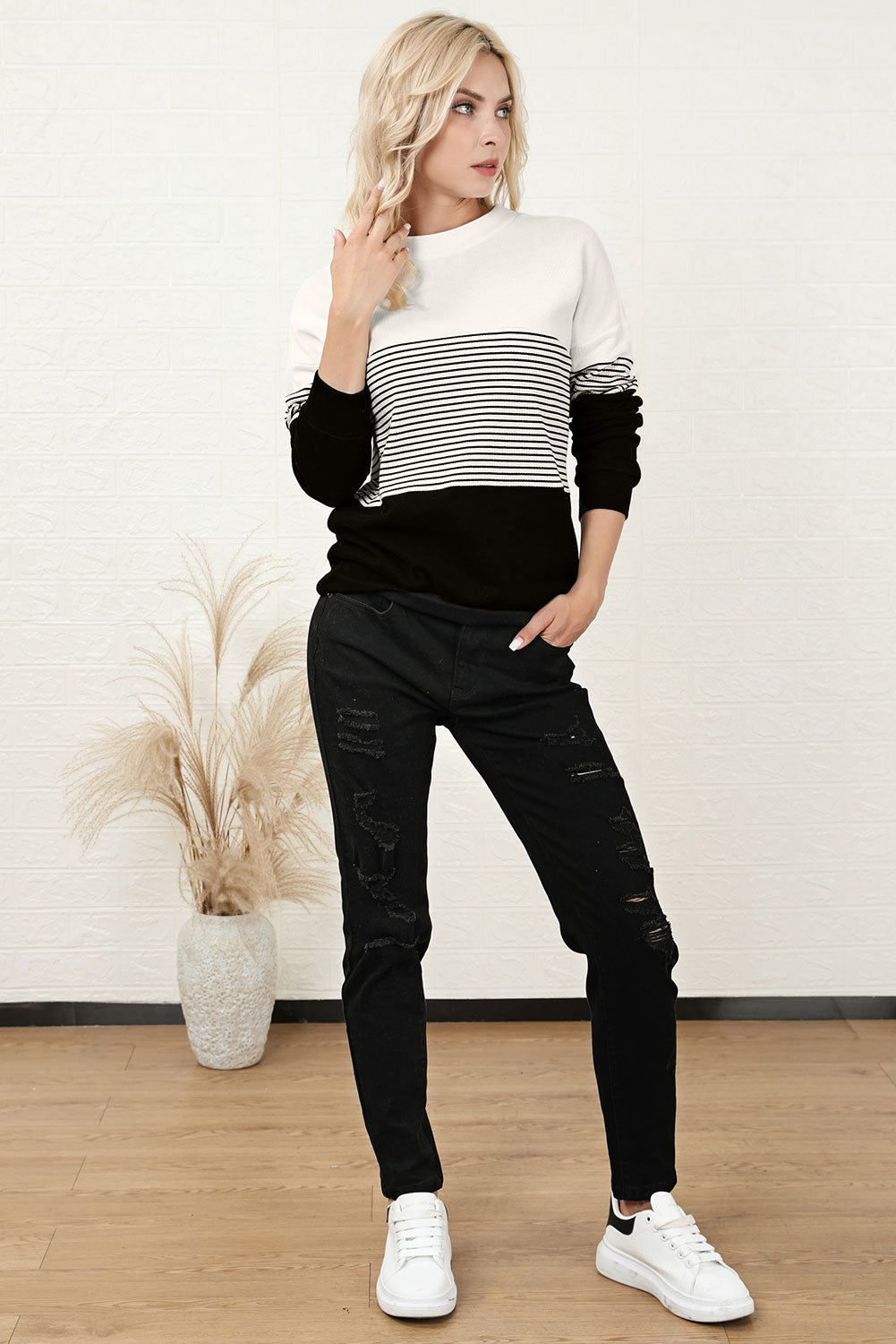 Chloe Striped Color Block Long Sleeve Knit Top | Poundton