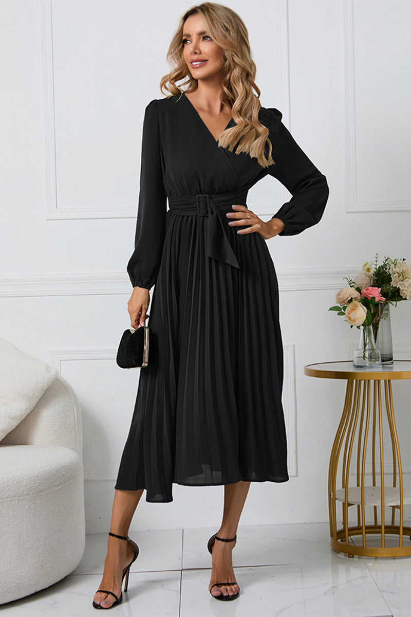 V-Neck Long Sleeve Tie Waist Midi Dress | 2 Colors | Poundton