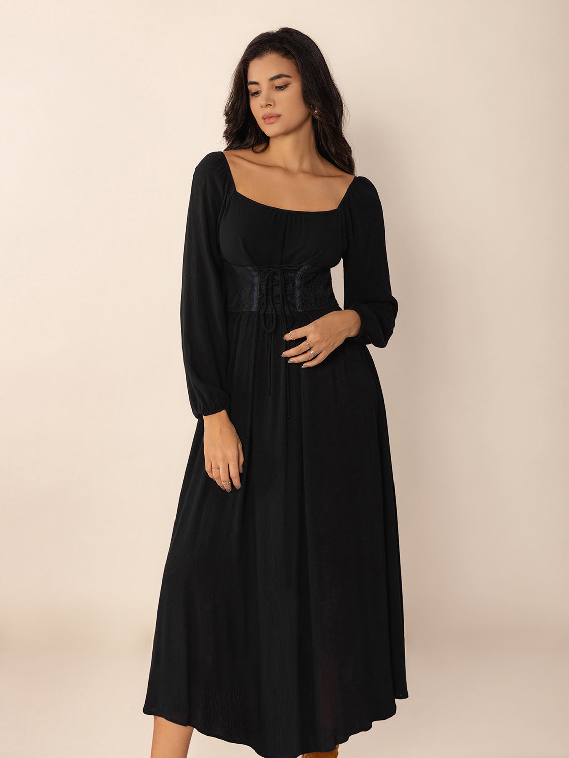 Lace-Up Square Neck Long Sleeve Midi Dress | Poundton