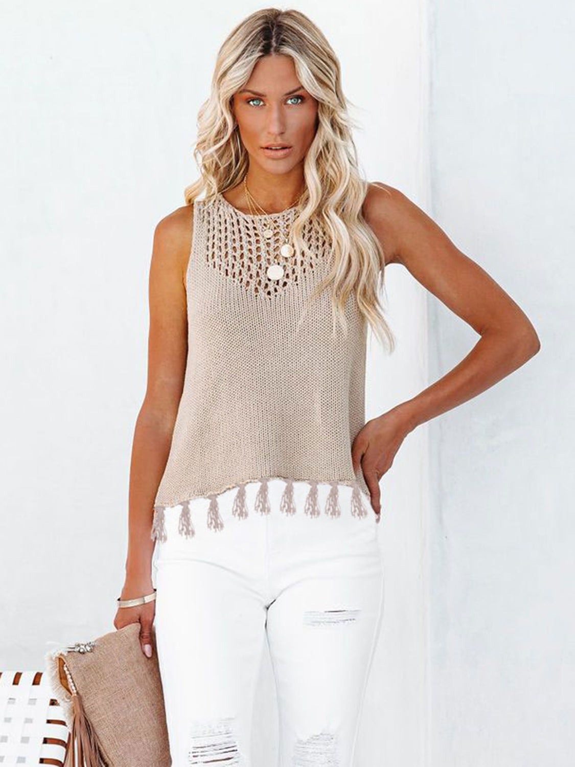 Take The Vacation Days Cutout Tassel Hem Tank