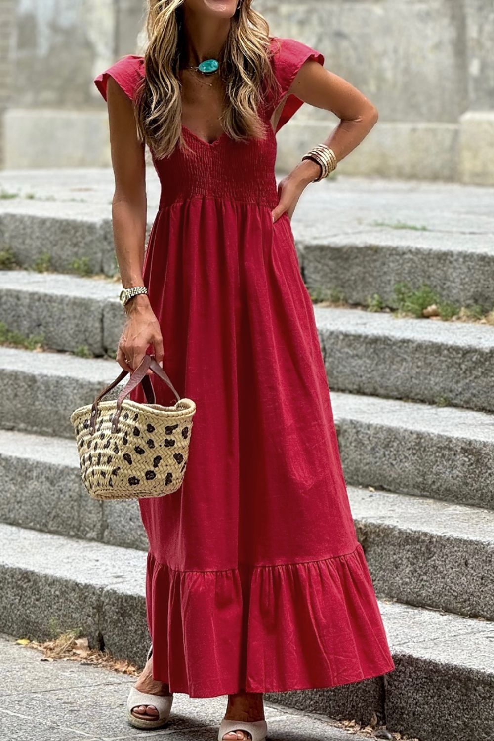 Eleanor Smocked Tiered Cap Sleeve Maxi Dress| Poundton Scarlet / XL Eleanor Smocked Tiered Cap Sleeve Maxi Dress| Poundton Scarlet / XL