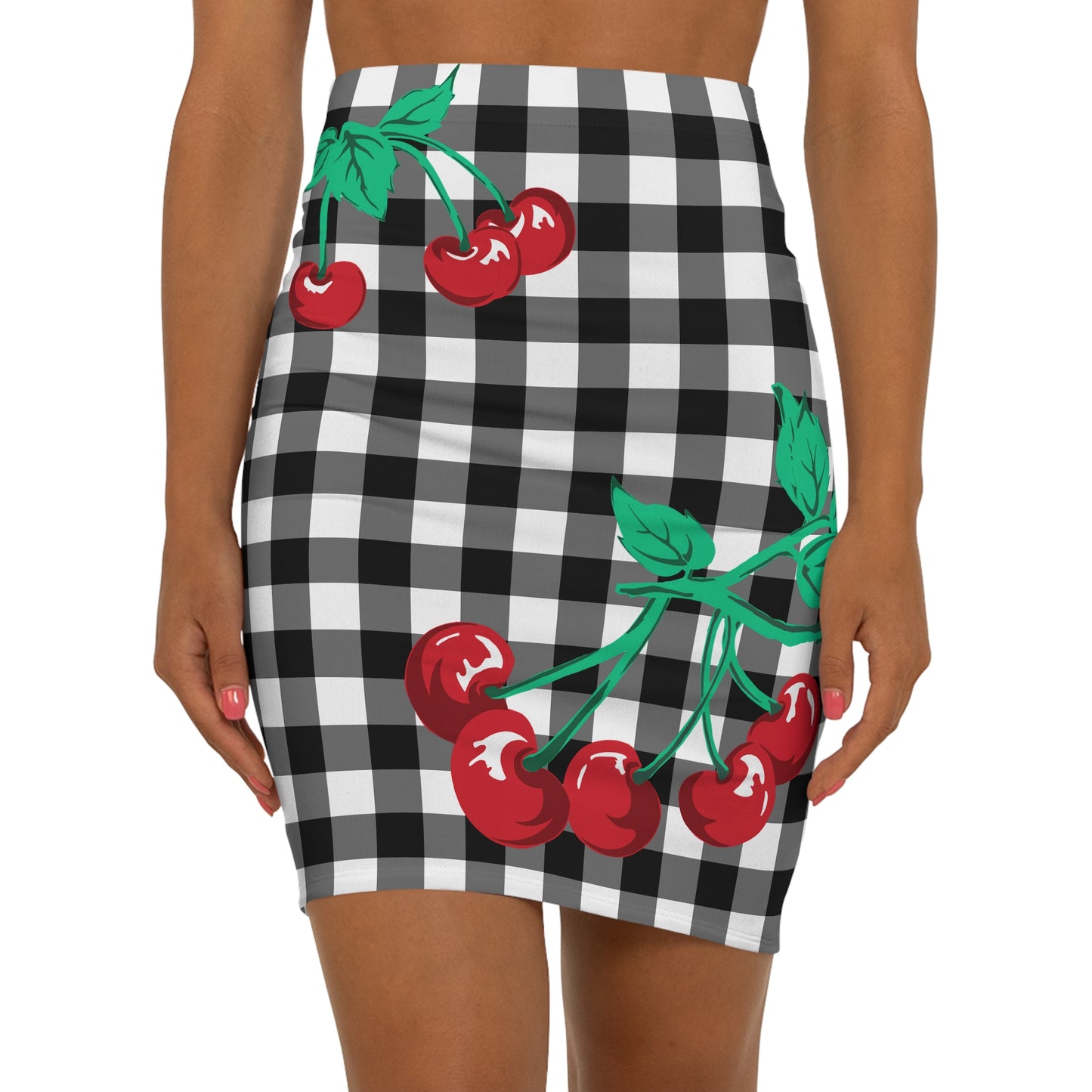 Women's 1990s Fitted Mini Skirt in Black Gingham Vintage Cherries Print | Pinup Couture