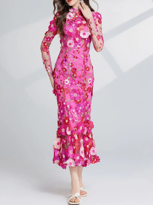 Floral embroidered mesh maxi dress with long sleeves, by Pinup Girl Clothing, sizes XS to 4X.