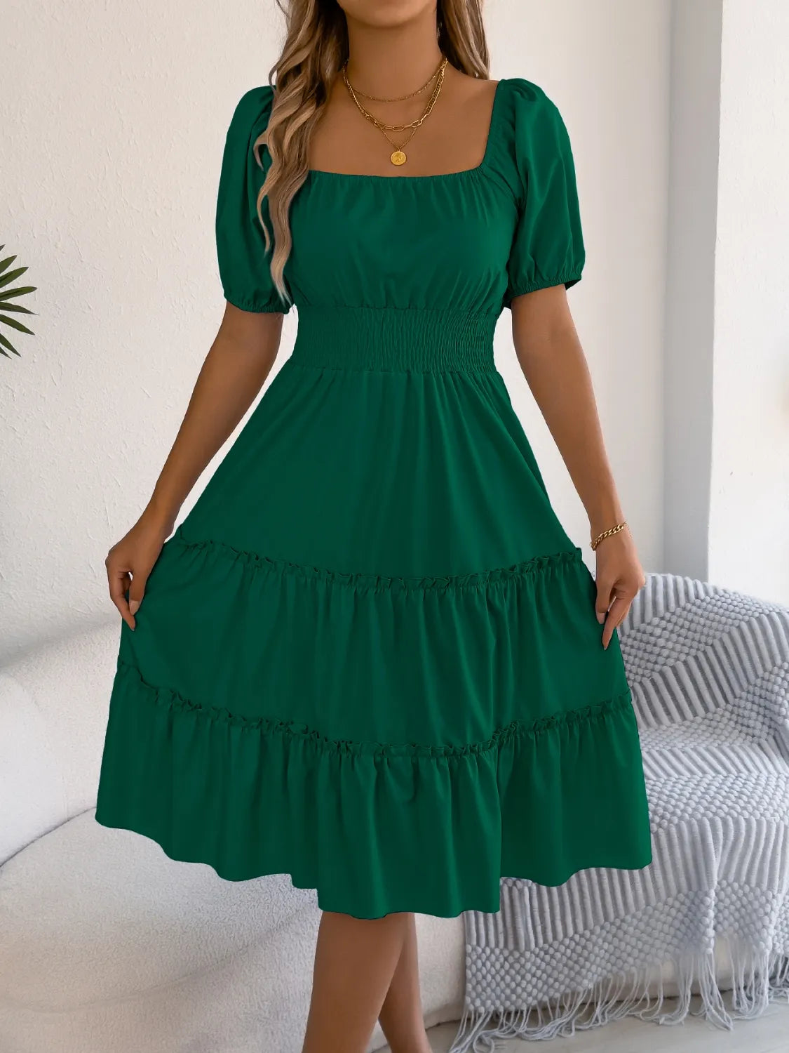 strapless open back dress Garden Party Tiered Puff Sleeve Dress | 3 Colors