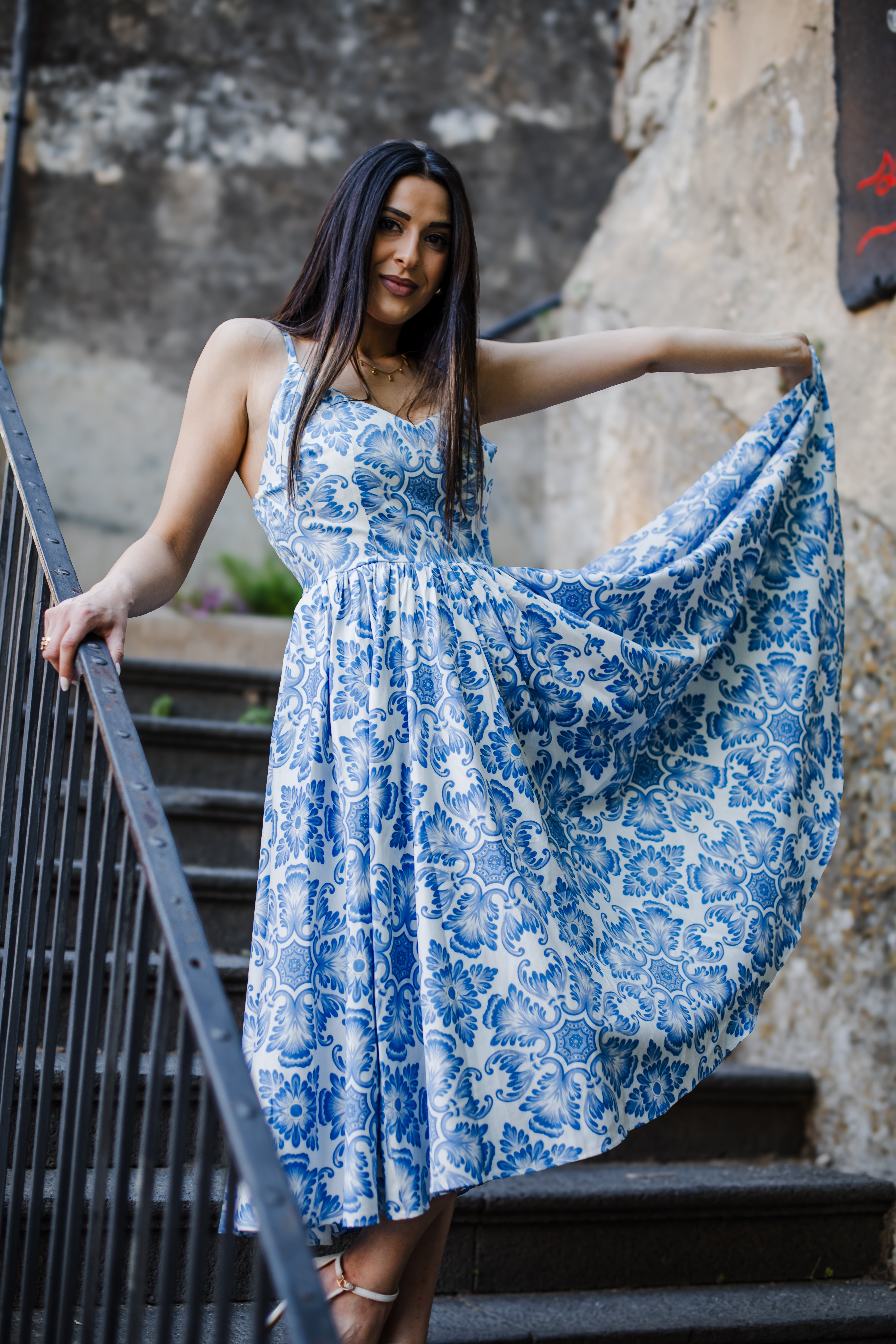 Amalie 70s Swing Dress in Blue Noto Tile | Pinup Girl
