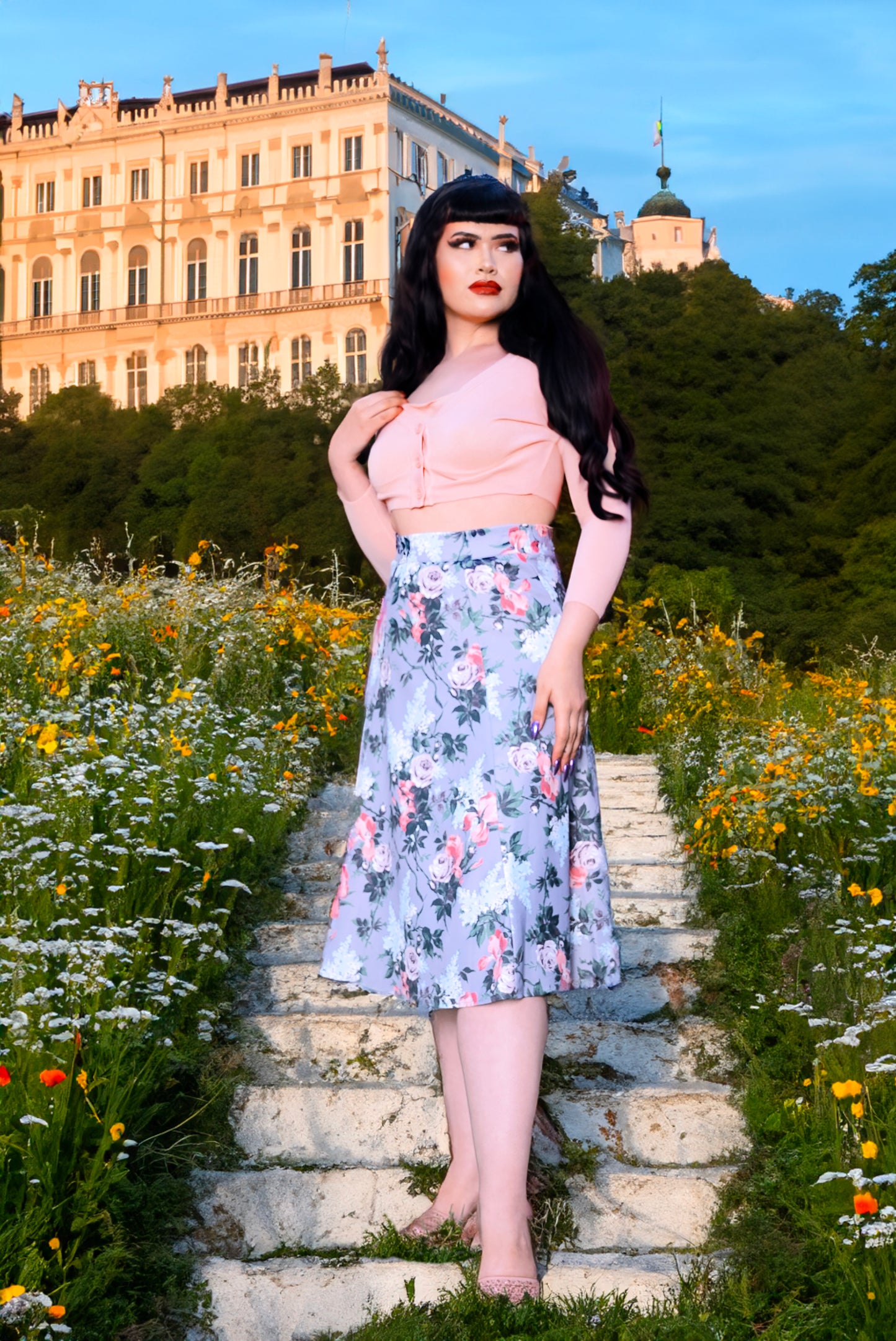 Final Sale - Viva Skirt in J'adore Paris Grey Bella Roses Stretch Crepe | Pinup Couture