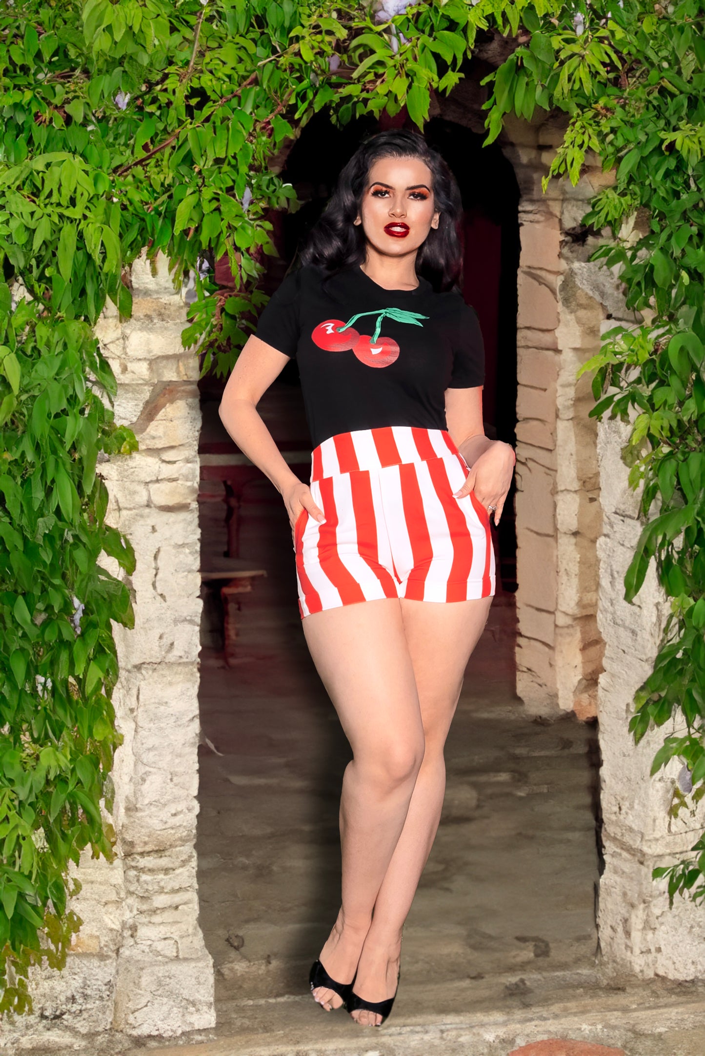 High Waisted Shorts in Red Mark Stripe Crepe | Laura Byrnes Design