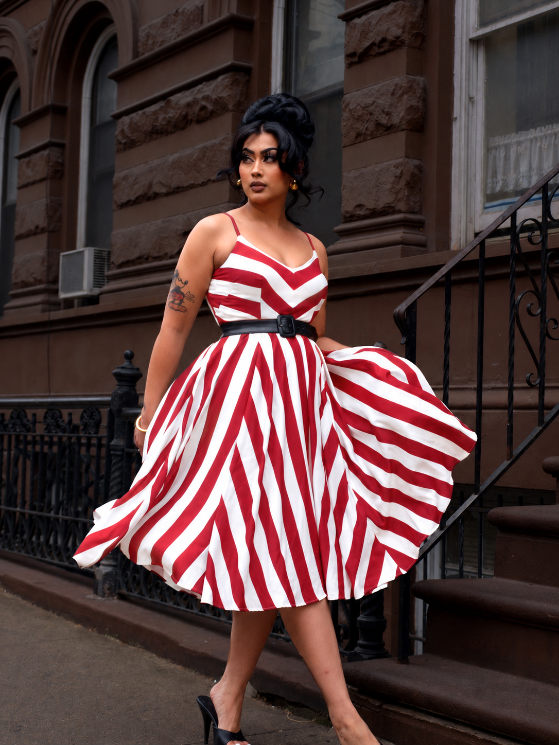 70's style cocktail dresses Amalie Ballerina Swing Dress in Red and White Mark Stripe gala-dinner-party size features are Off The Shoulder A Color:Frosted Sage