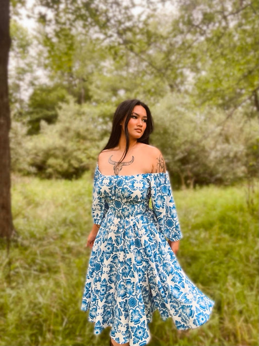 Marie-Therese Peasant Dress in Blue Noto Tile