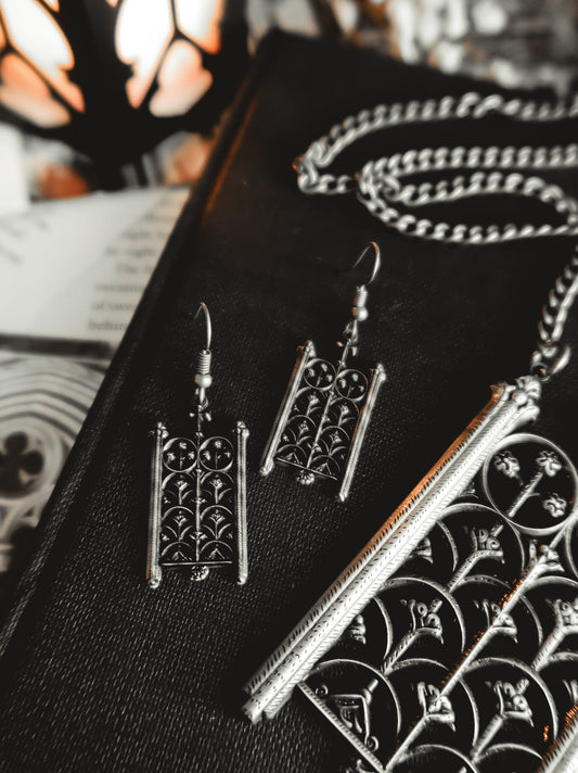Close-up of the antiqued silver gate detail on the Rotunda Relic earrings, The Pretty Cult