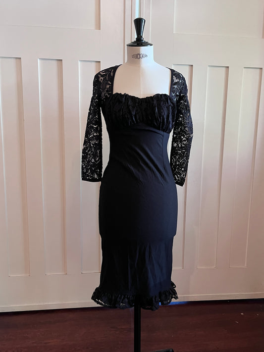 3/4 Sleeve Dress in Black with Mesh and Lace Details - ORIGINAL SAMPLE