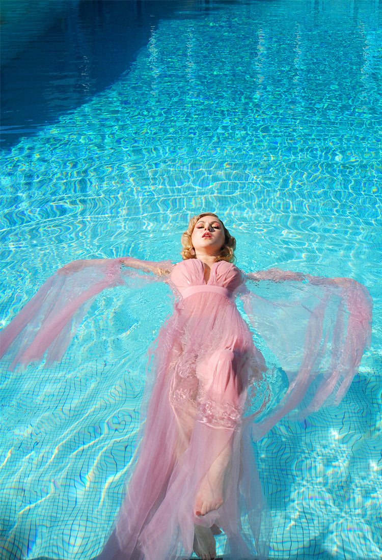 Bombshell Plunge Maxi Gown in Baby Pink with Sheer Mesh Sleeves | Gothic Glamour