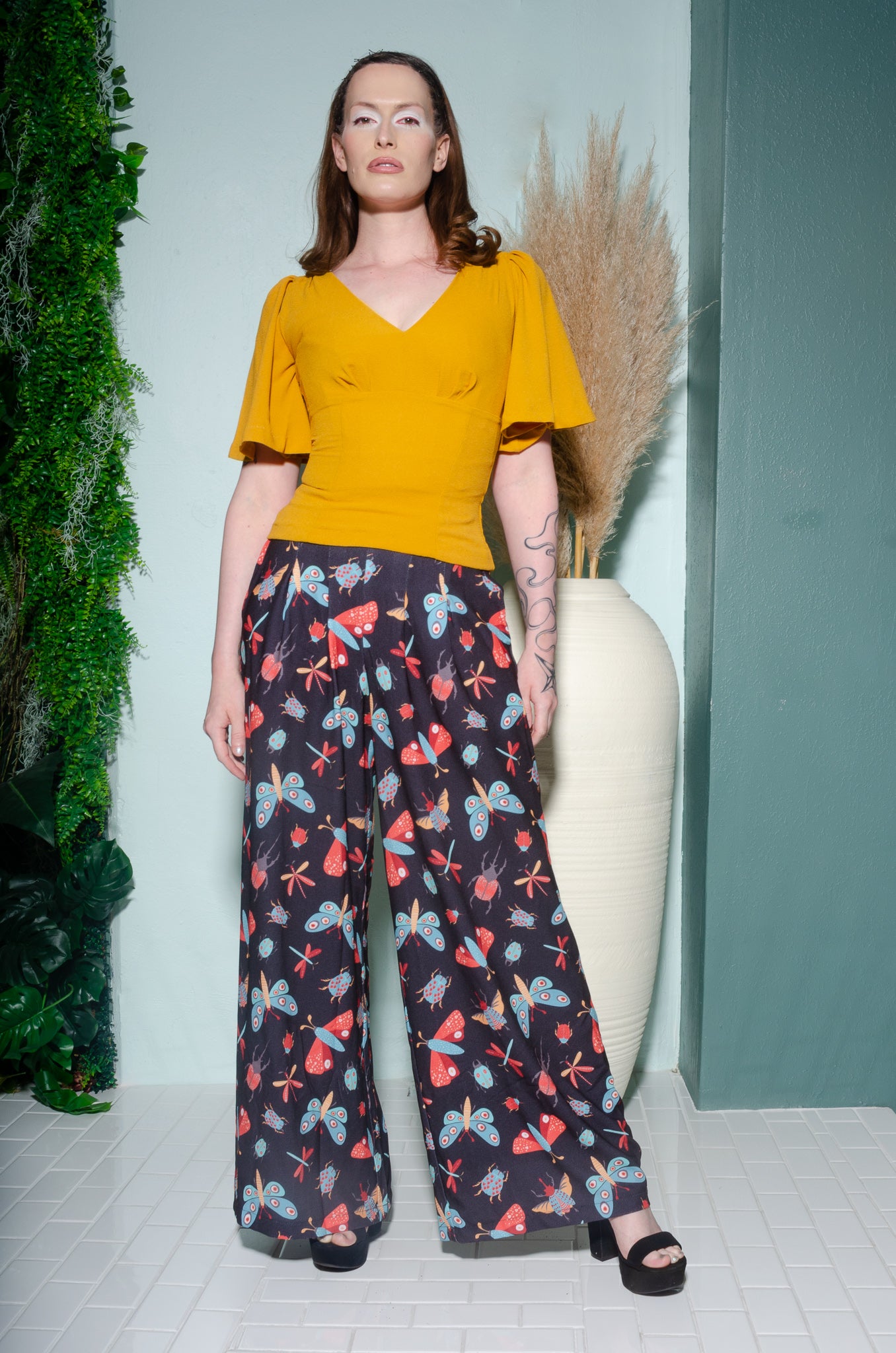 Final Sale - Dietrich 40s Wide Leg Vintage Trousers in Insect Print 32" Inseam | Laura Byrnes & Hope Johnstun