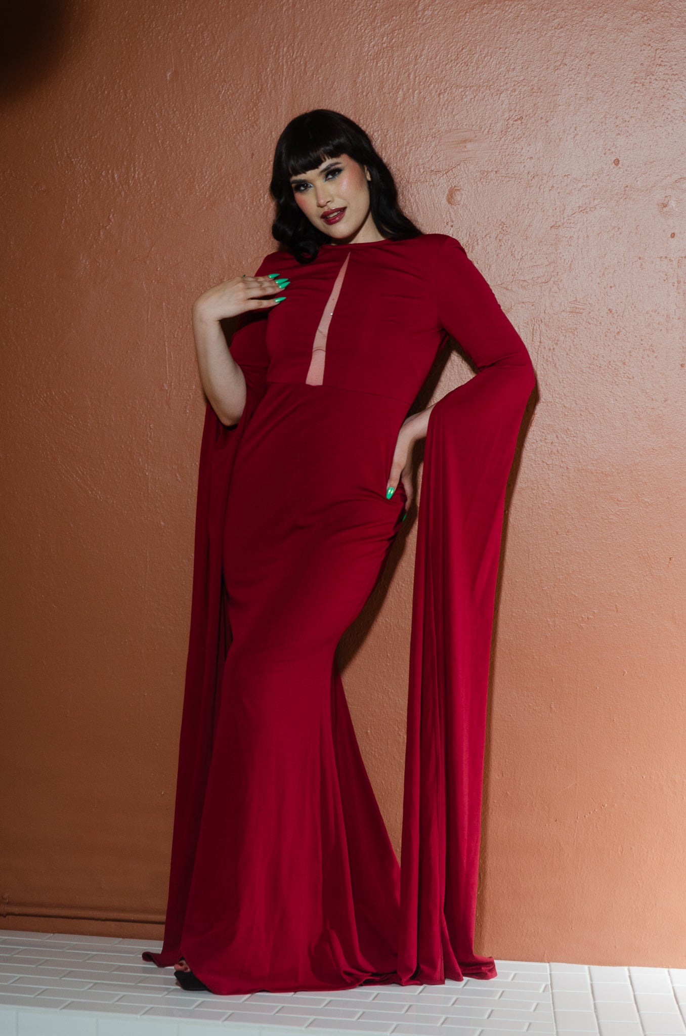 Gothic Glamour - Chloe Supervillain Long Sleeve Cape Sleeve Gown | Evelyn Belluci
