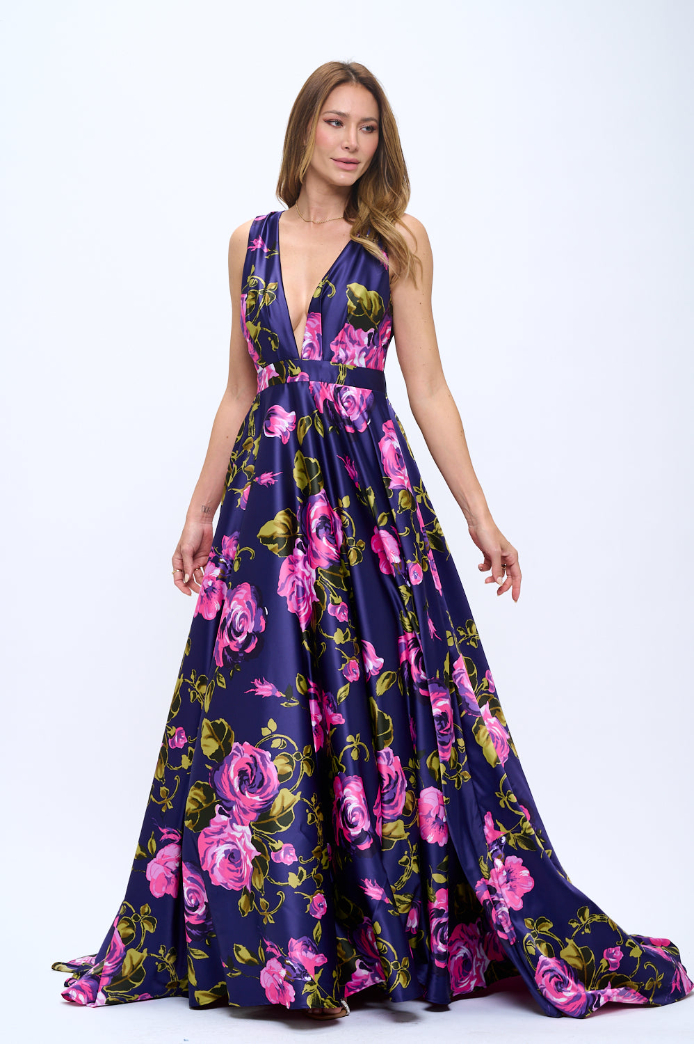 Lisa Plunging Neckline Satin Floral Purple Maxi Gown with Pockets L Lisa Plunging Neckline Satin Floral Purple Maxi Gown with Pockets L