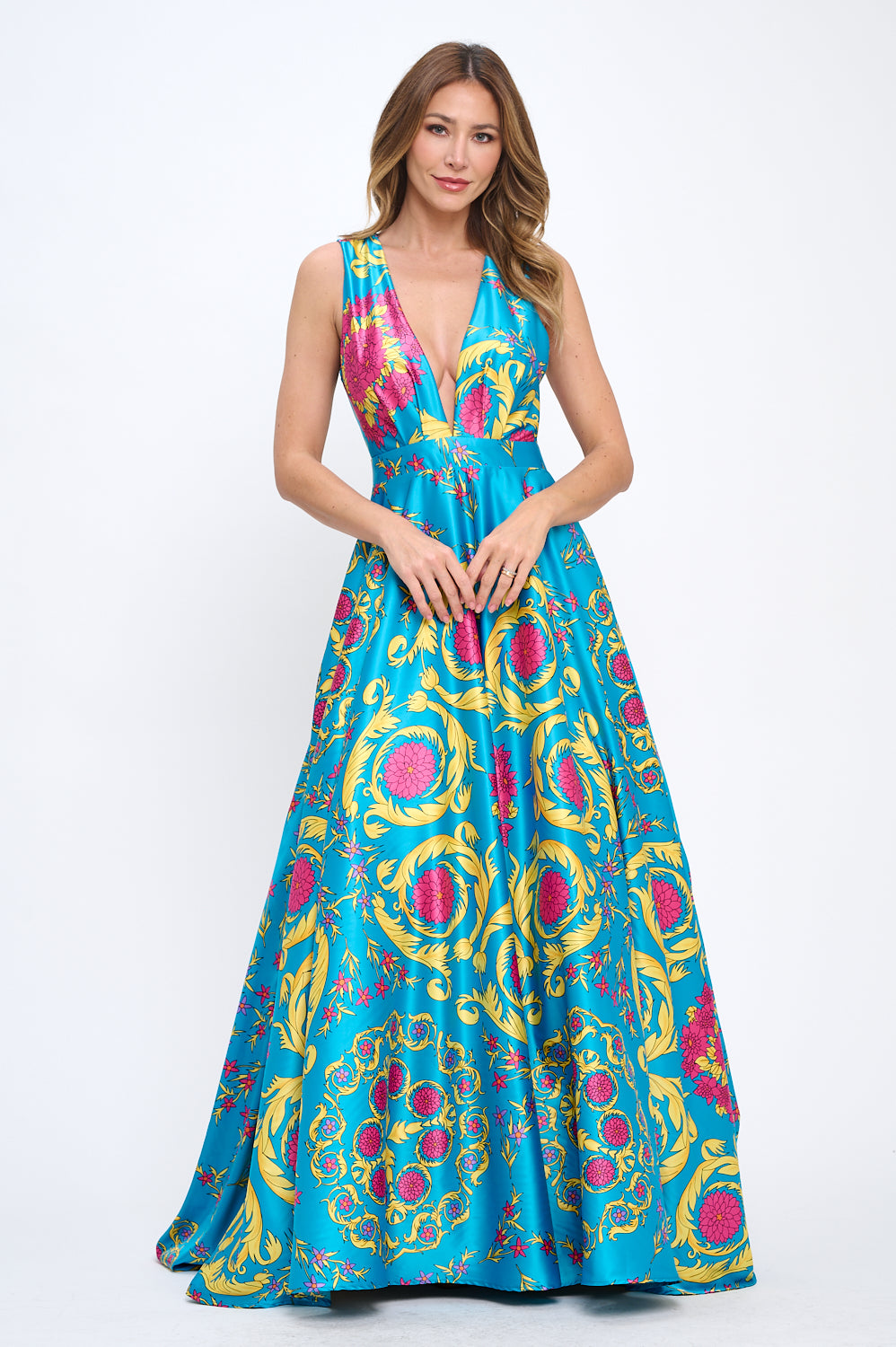 Elena Plunging Neckline Satin Floral Turquoise Multi Maxi Gown with Po pinupgirlclothing.com Elena Plunging Neckline Satin Floral Turquoise Multi Maxi Gown with Po pinupgirlclothing.com