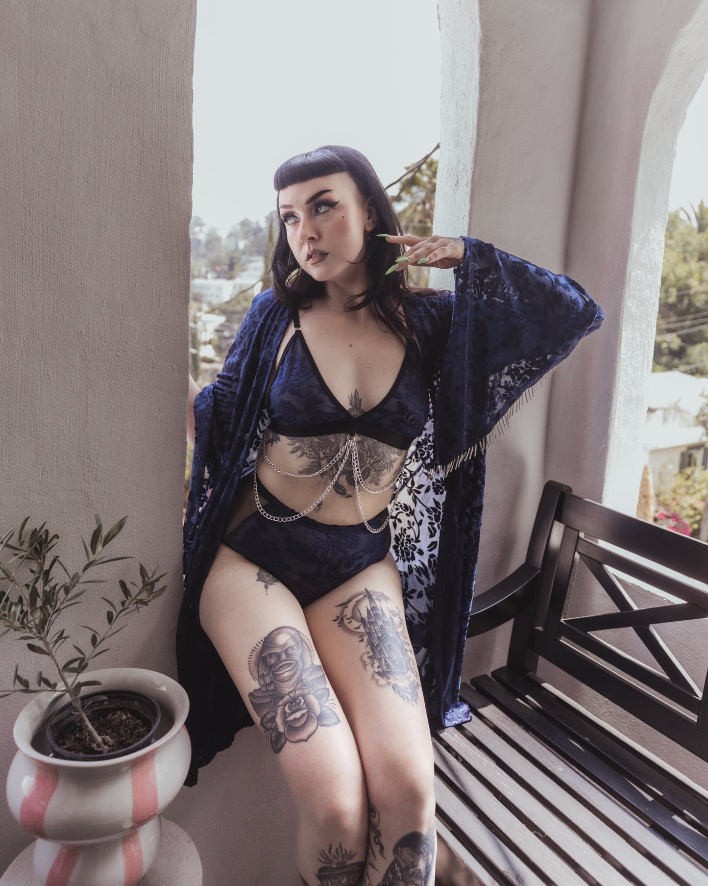 Burnout velvet texture on the blue Midnight Muse kimono