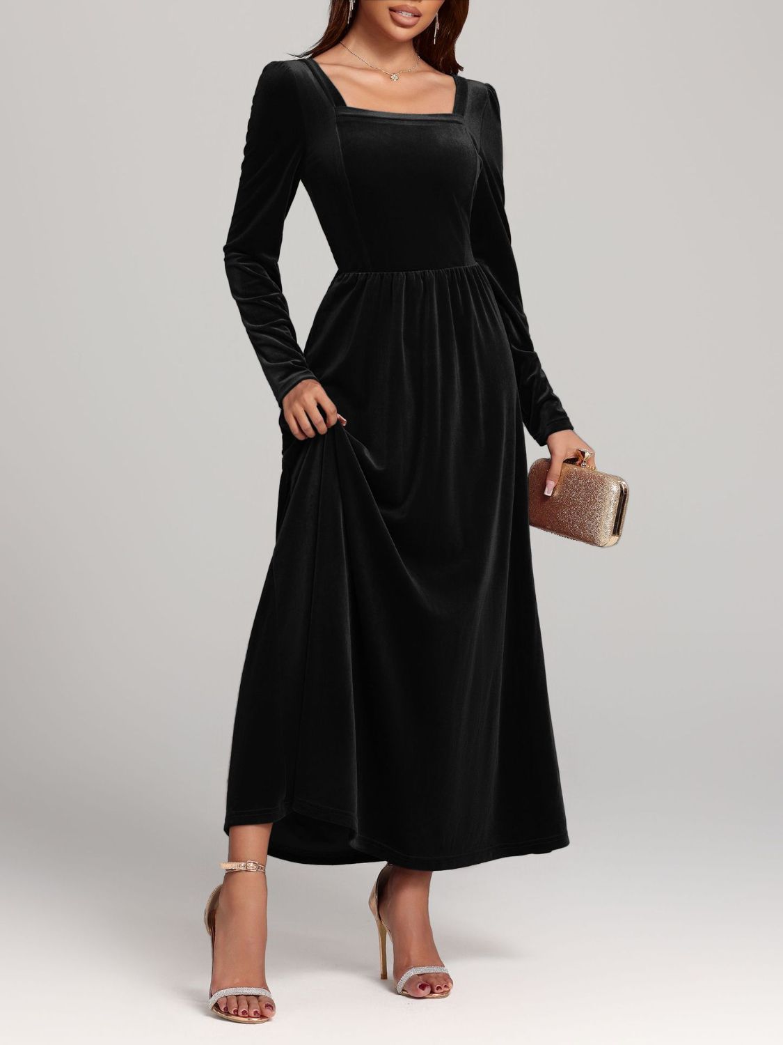 Faerie Velvet Square Neck Long Sleeve Dress | 4 Colors | Poundton Violet / L Faerie Velvet Square Neck Long Sleeve Dress | 4 Colors | Poundton Violet / L