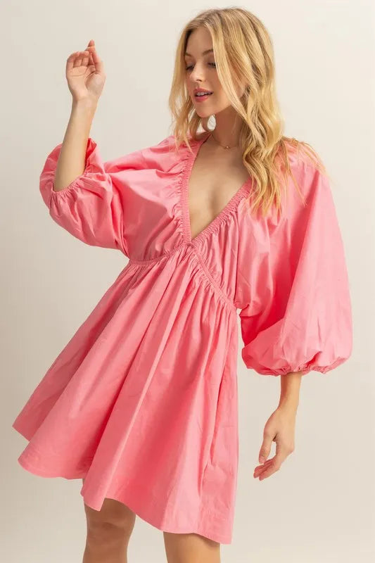 HYFVE Plunge Balloon Sleeve Poplin Mini Dress with Pockets | Poundton pinupgirlclothing.com HYFVE Plunge Balloon Sleeve Poplin Mini Dress with Pockets | Poundton pinupgirlclothing.com
