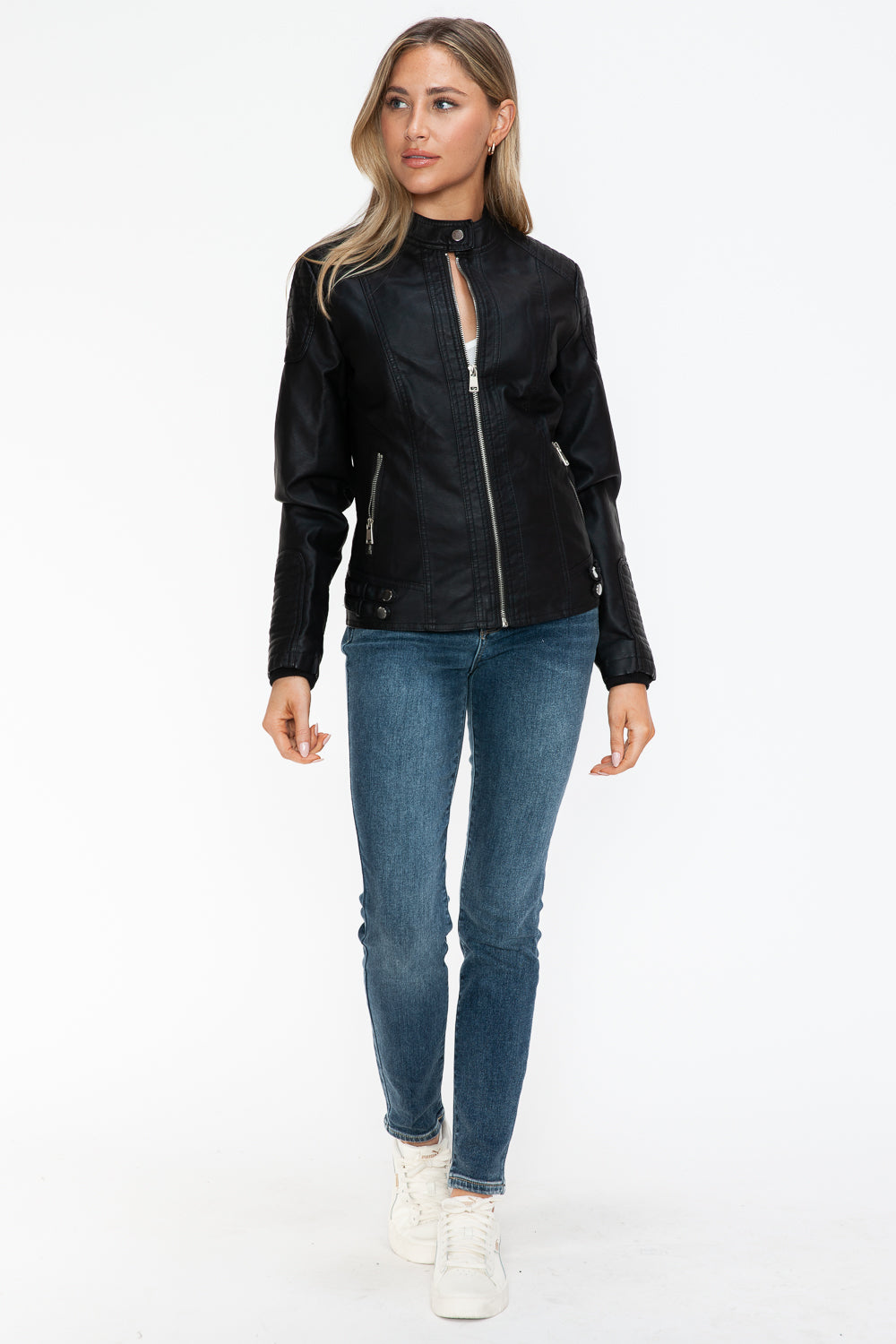 Cecilia Snobbish Faux Leather Biker Jacket with Side Zip Pockets | Poundton