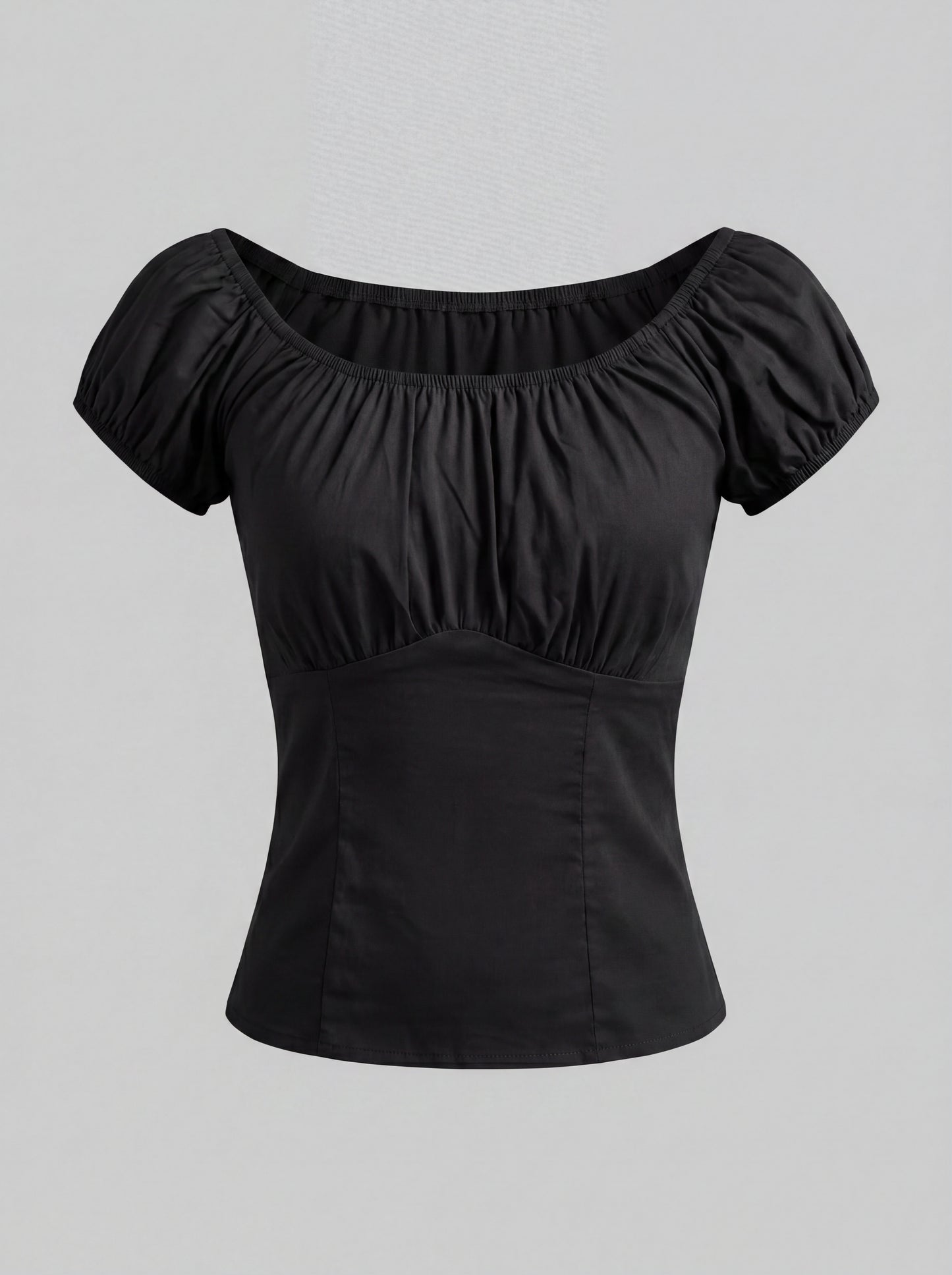 The Gathered Peasant Top in solid black stretch sateen by Pinup Girl Clothing, sizes XS to 5X.