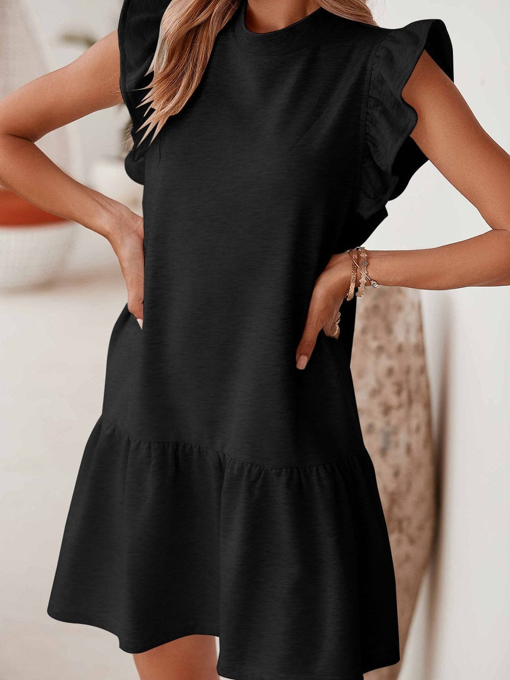 black shift dress sleeves Ruffle Cap Sleeve Mini in – SIZE:6 YGroup_fran-mini-dress The versatile design works Azazie Laurel Junior