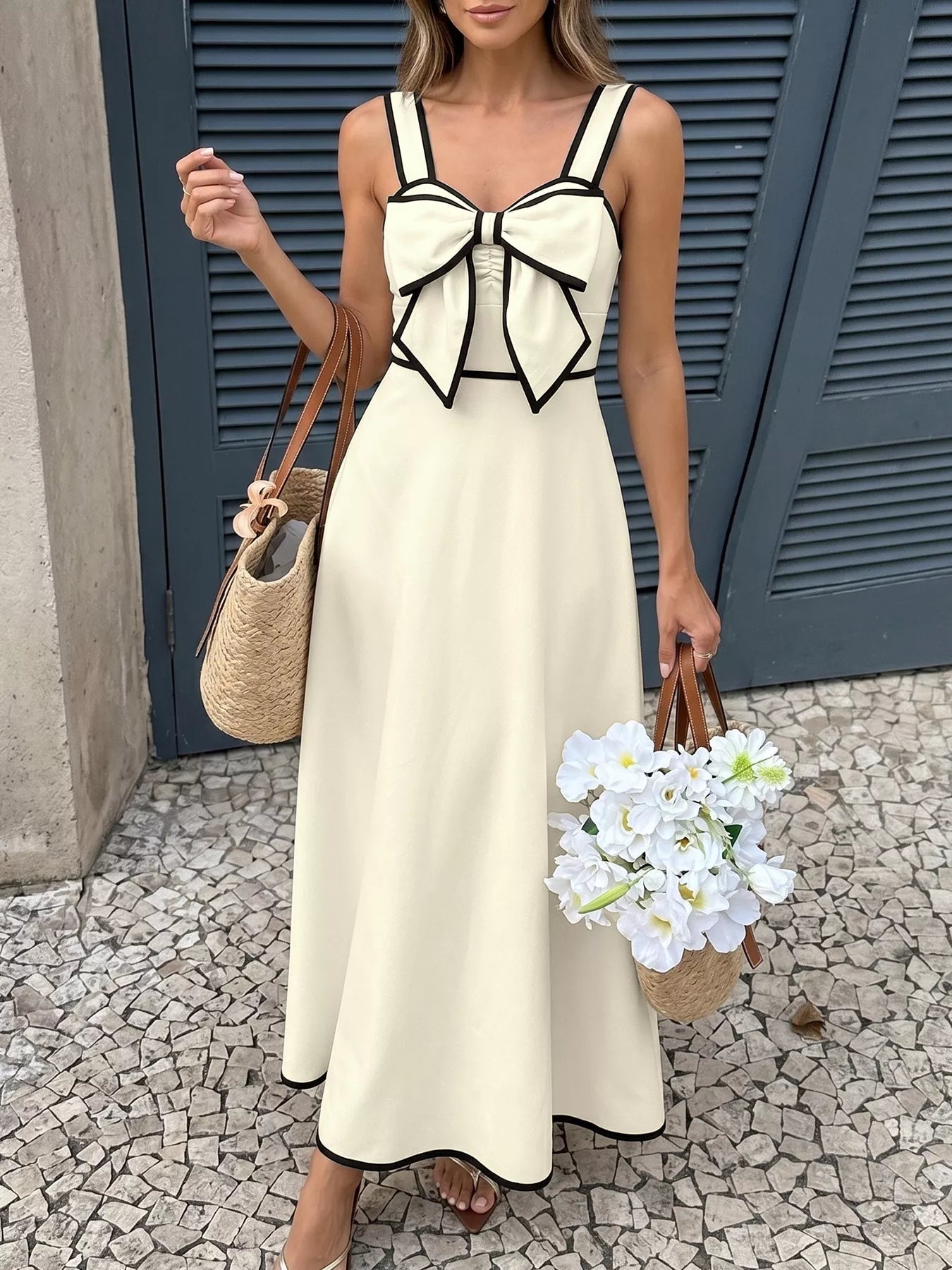 Bow-Trim A-Line Midi Dress in Beige